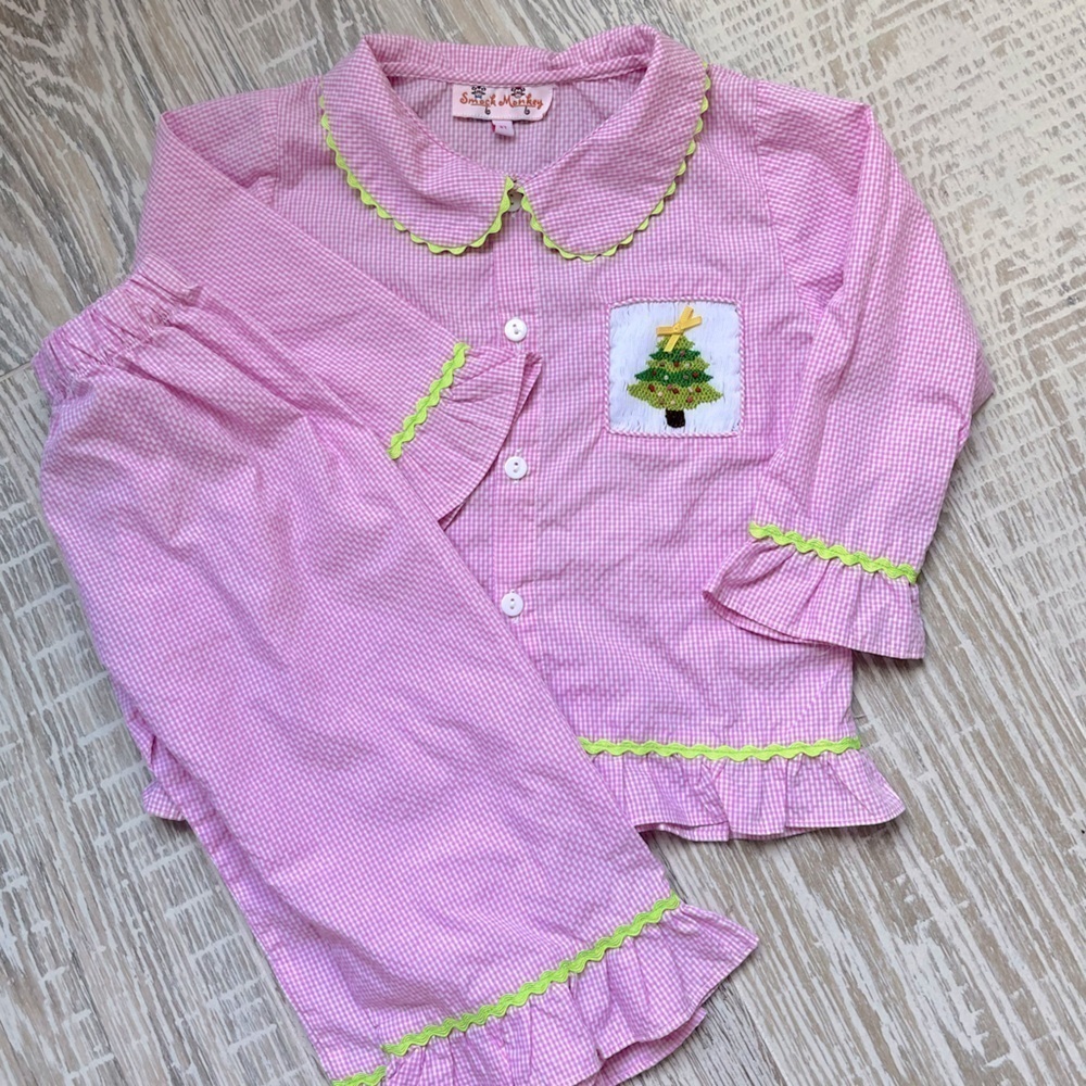 Smock Monkey Christmas Pajamas Size 2T gingham plaid seersucker ruffle flare
